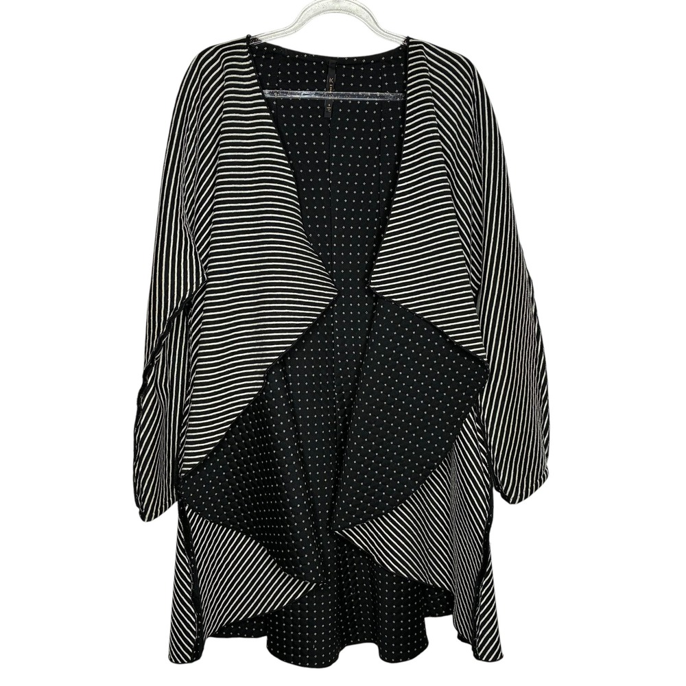 IC by Connie K Womens Small Black White Open Front Cardigan Stripe Drape Artsy
